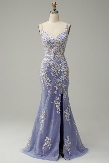 Mermaid V Neck Light Purple Long Prom Dress with Appliques Beading